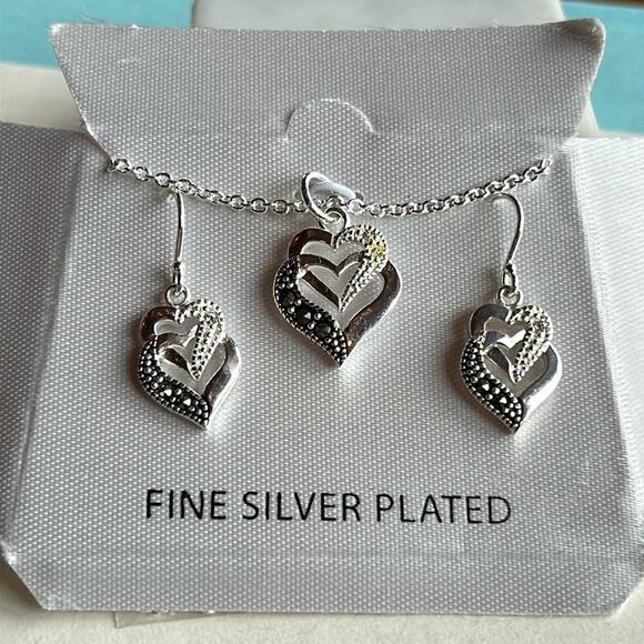 Double Heart Earrings and Necklace Set. Fine Silver Plated. New on card #121 - Picture 1 of 5